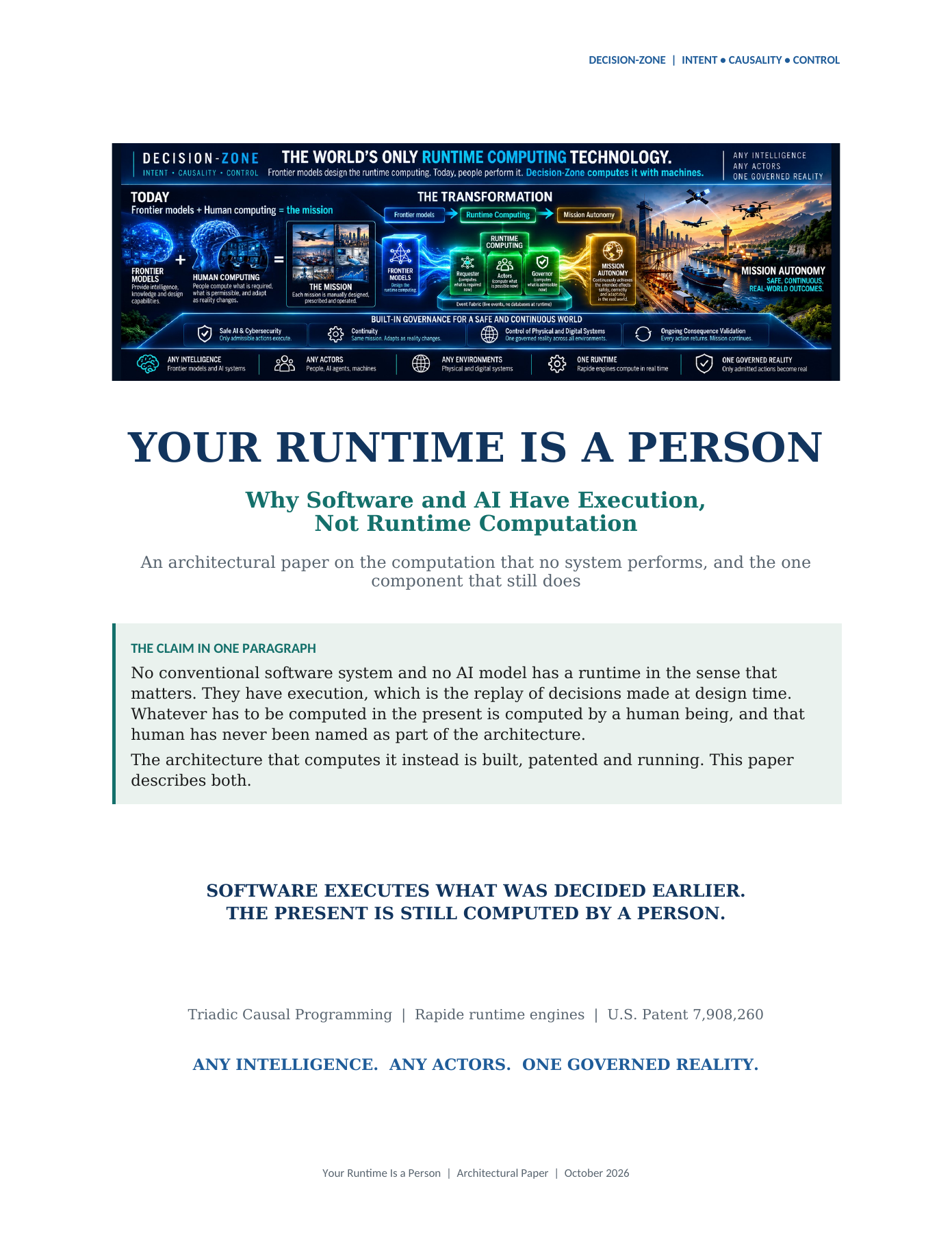 Actual first page of Your Runtime Is a Person, Decision-Zone’s October 2026 architectural paper